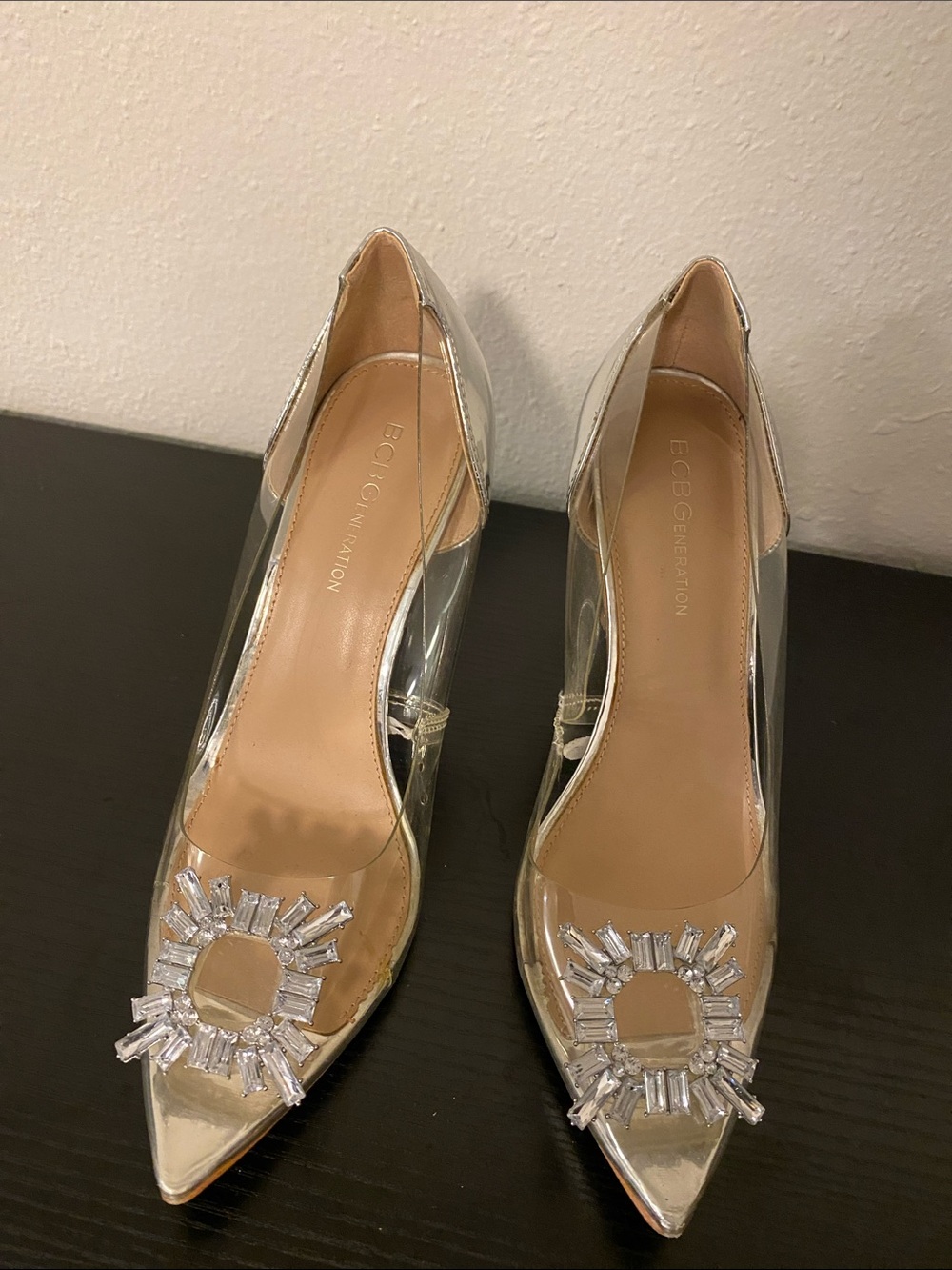 Silver Clear Pointed Toe Jewel Embellished Pumps